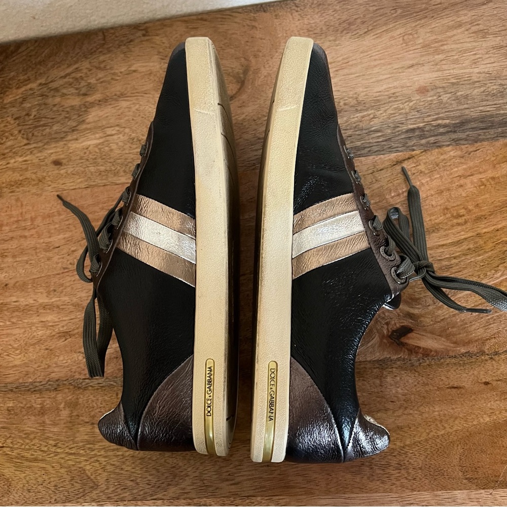 Dolce & Gabbana Metallic Black/Grey Leather Striped Lace Up Sneakers Size 8.5 - Picture 7 of 16